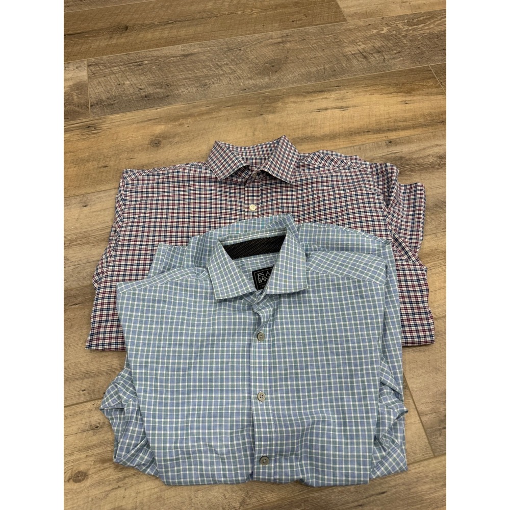 Jos A Bank Traveler Travel Tech Shirt Lot 2 Mens Medium Tailored Fit Plaid Blue